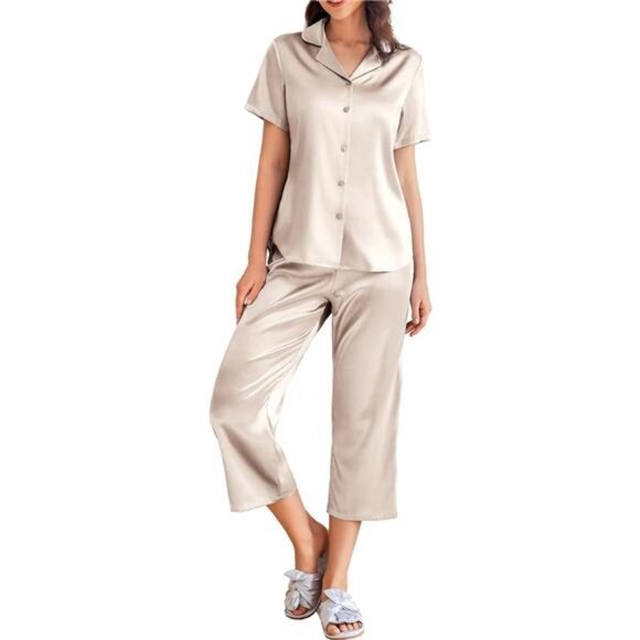 Women's Satin Pajamas Set Short Sleeve Button Down Silk Loungewear Pjs